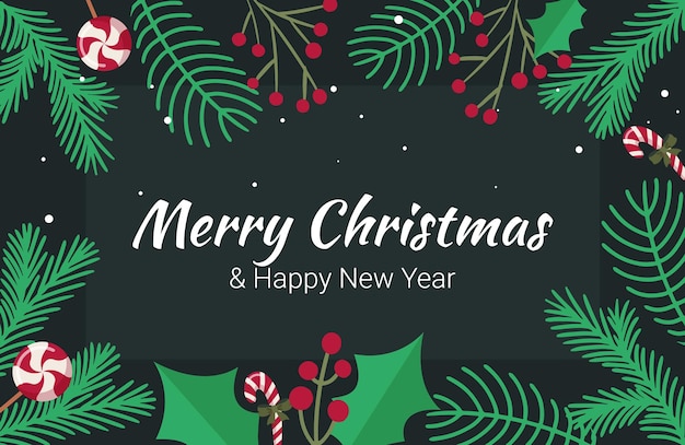 Bannière de Noël avec l'inscription Joyeux Noël et Bonne Année sur le fond des brindilles d'épinette et des brindilles avec des baies et des bonbons