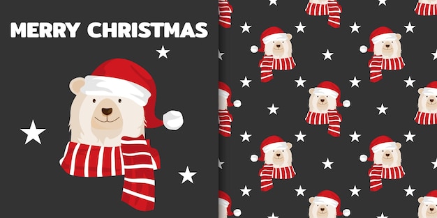 Bannière de Noël avec texte Joyeux Noël et motif transparent d'un ours polaire portant un bonnet de Noel et une écharpe rouge sur fond noir avec des étoiles. Illustration vectorielle.