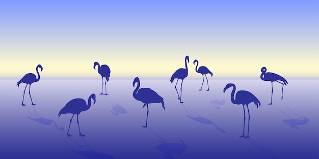 Bannière Avec Des Oiseaux Flamants Roses Tropicaux Sur Le Fond D'une Aube Lilas