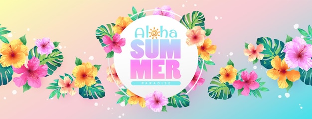 Bannière paradis d'été Aloha avec fleurs d'hibiscus et feuilles tropicales sur fond multicolore