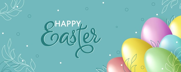 Bannière pastel avec des oeufs de Pâques réalistes et des feuilles de dessin à la main Lettrage Joyeuses Pâques