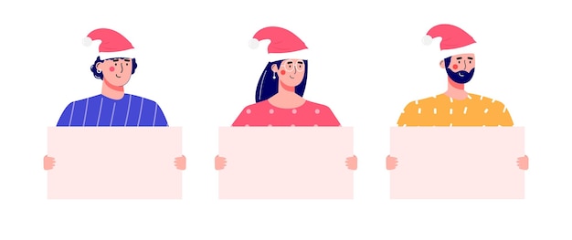 Bannière Avec Des Personnes Avec Des Personnes Tenant Une Pancarte Vide Pour La Vente De Noël. Hommes Et Femmes . Illustration Vectorielle Dans Le Style Tendance Du Dessin Animé.vector Pour La Publicité, Le Coupon Ou Le Bon