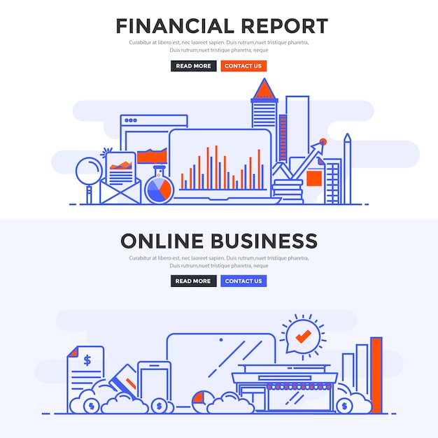 Vecteur bannière plate rapport financier et affaires en ligne