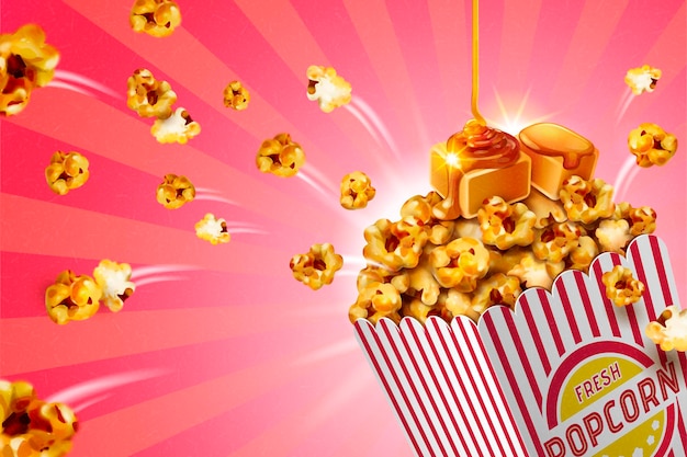 Bannière De Pop-corn Au Caramel Classique Dans Un Récipient En Papier Rayé, Illustration 3d