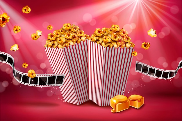 Bannière de pop-corn au caramel classique avec rouleau de film sur fond rouge bokeh, illustration 3d