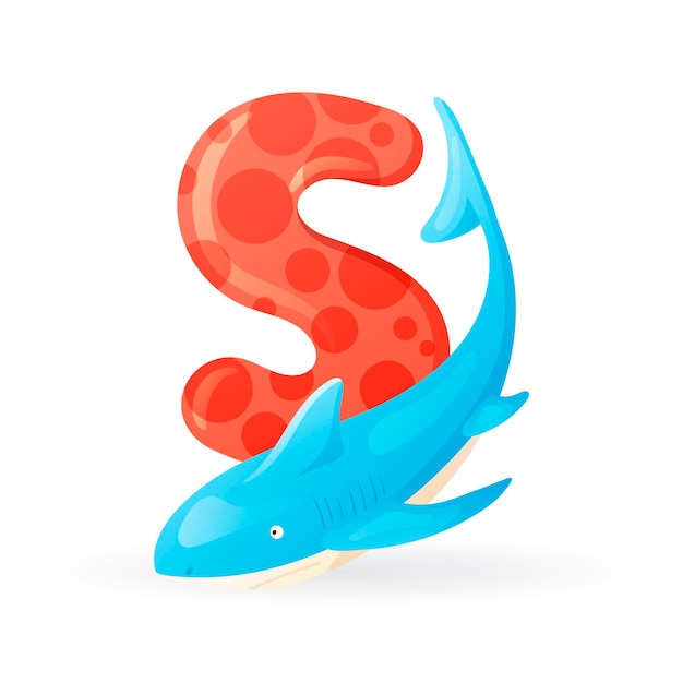 Bannière pour enfants avec lettre de l'alphabet anglais S et image de dessin animé de requin prédateur de la mer