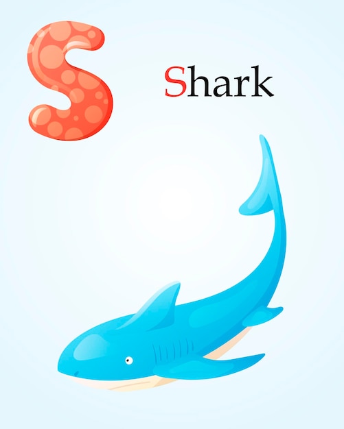 Bannière pour enfants avec lettre de l'alphabet anglais S et image de dessin animé de requin prédateur de la mer
