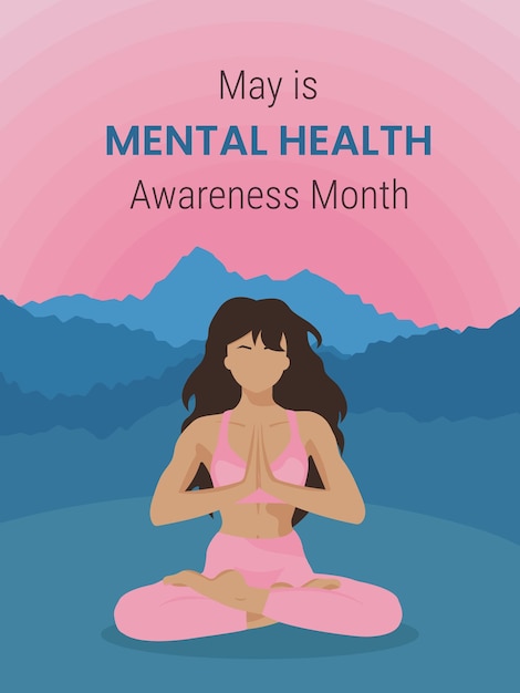 Bannière pour le mois de sensibilisation à la santé mentale en mai Une fille fait du yoga sur fond de montagnes