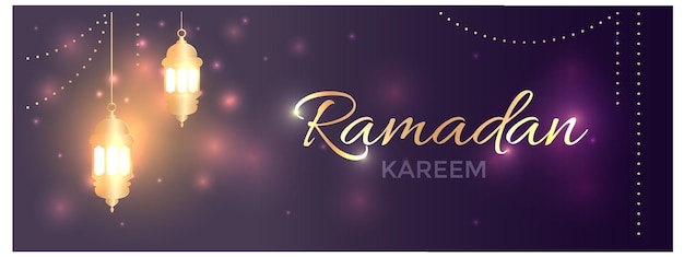 Vecteur bannière pour le ramadan raya hari eid al adha et mawlid a éclairée par des lanternes dorées sur fond violet