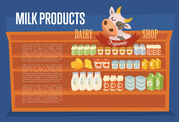 Vecteur bannière de produits laitiers avec les rayons des supermarchés