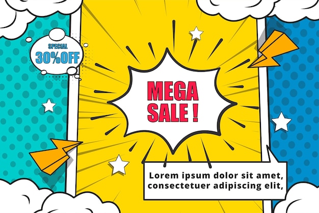 Bannière de promotion de remise de super vente de bandes dessinées vectorielles gratuites