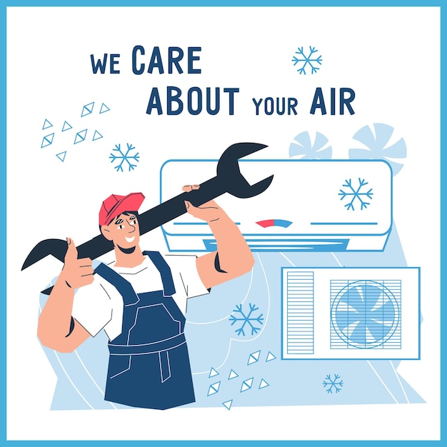 Bannière de promotion de service de climatisation ou maquette de flyer vecteur de dessin animé plat
