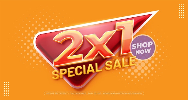 Bannière promotionnelle de vente spéciale vectorielle 2x1 avec modèle d'effet de texte
