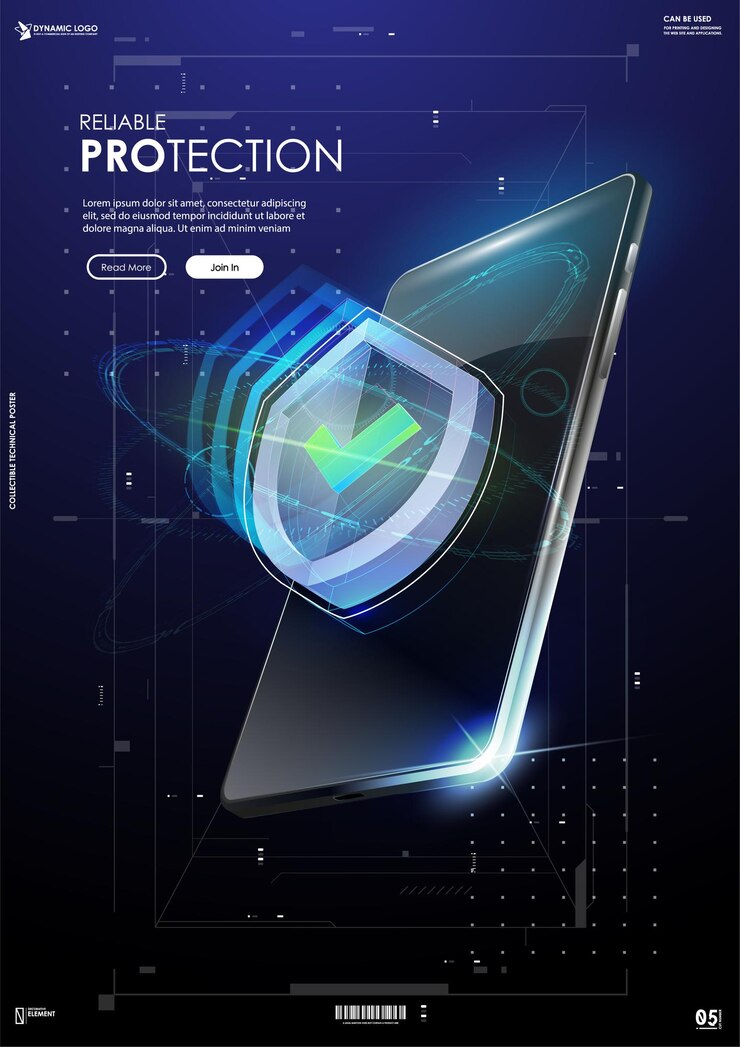 Vecteur bannière de protection fiable, bouclier dans un style futuriste.