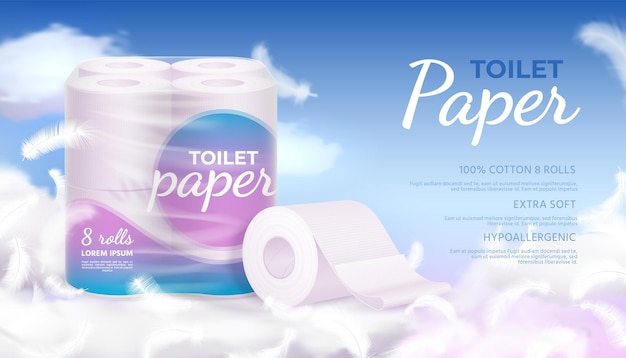 Bannière Publicitaire Avec Du Papier Toilette Doux Réaliste, Des Nuages Et Des Plumes. Rouleaux De Serviettes Jetables D'hygiène Dans Le Concept De Vecteur D'emballage En Plastique