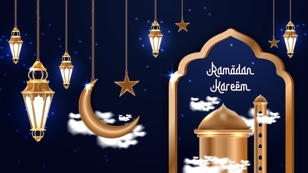 Bannière Ramadan Kareem avec éléments islamiques 3d