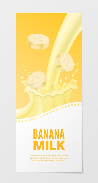 Bannière Réaliste Verticale De Lait De Fruits Sucré. Entreprise Avec Du Lait De Banane Splash Isolé Sur Fond Blanc.