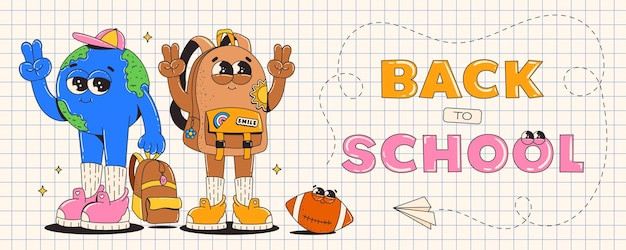 Vecteur bannière de retour à l'école personnages de dessins animés rétro groovy sac à dos mignon et planète terre