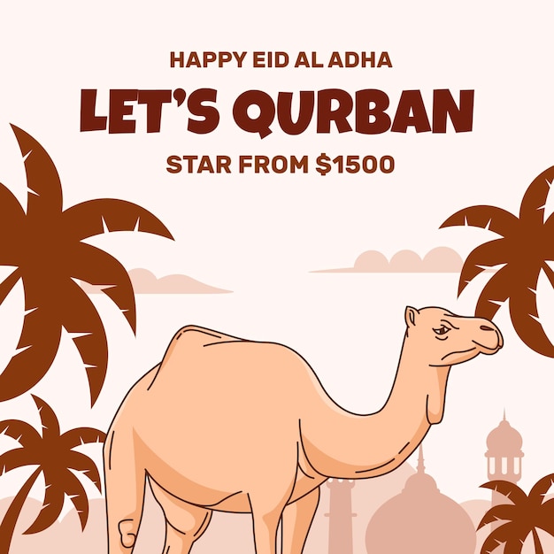 Bannière de sacrifice d'animaux dessinés à la main pour la fête islamique de l'aïd al adha moubarak avec chameau