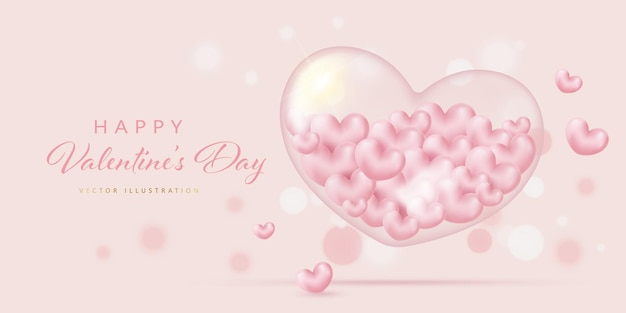Bannière De Saint Valentin Avec Coeur En Verre Transparent Avec Petits Coeurs à L'intérieur De L'illustration Vectorielle 3d