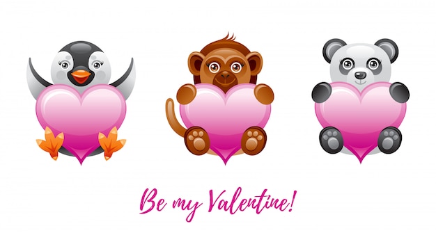 Bannière De La Saint-valentin Heureuse. Dessin Animé Coeurs Mignons Avec Des Animaux Jouets - Pingouin, Singe, Panda.