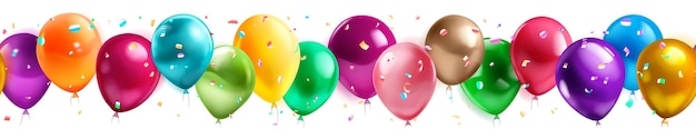 Vecteur bannière sans couture d'anniversaire festive avec des ballons d'hélium colorés et des morceaux de serpentine sur fond blanc