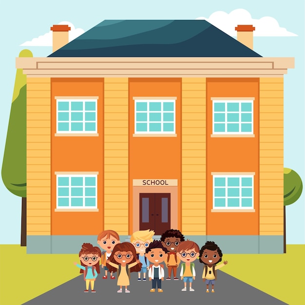 Vecteur bannière scolaire carrée groupe d'enfants et bâtiment scolaire illustration vectorielle de retour à l'école