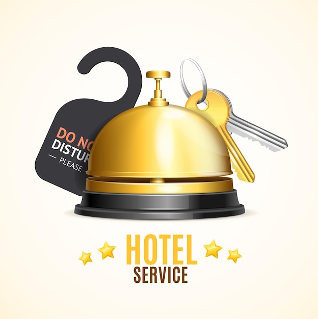 Vecteur bannière de service de réception d'hôtel avec cloche de réception 3d détaillée réaliste et vecteur clé