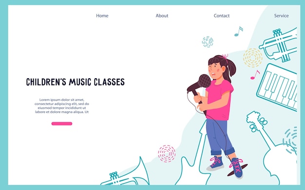 Bannière de site Web d'éducation musicale et vocale pour enfants ou maquette de vecteur de page de destination