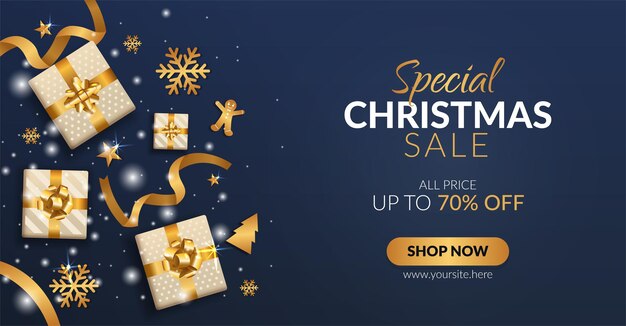 Bannière spéciale de vente de Noël avec coffrets cadeaux et décoration dorée