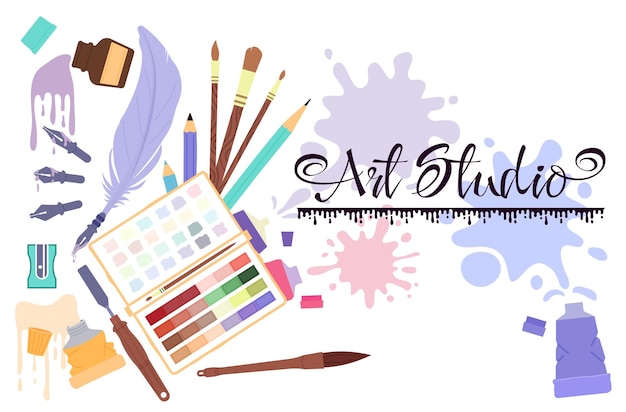 Bannière De Studio D'art Page De Promotion Du Site Web De L'école Graphique Concepteurs Fous Et Modèle D'affiche De Classe D'artiste Outils De Peinture De Galerie Et Gouttes Fond Vectoriel Décent