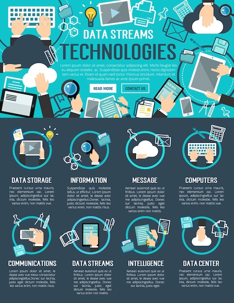 Vecteur bannière de technologie de flux de données et de cloud computing