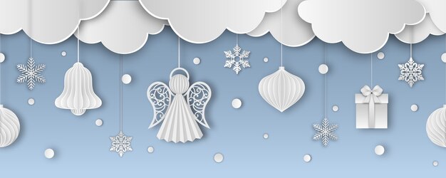 Bannière transparente de Noël avec des flocons de neige et des décorations de nuages de papier