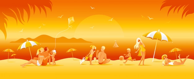 Vecteur bannière de vacances à la plage familiale. fond de voyage mer été en style cartoon. illustration amusante des gens. femme heureuse, homme, enfants, enfant avec motif de paysage de plage ensoleillée.