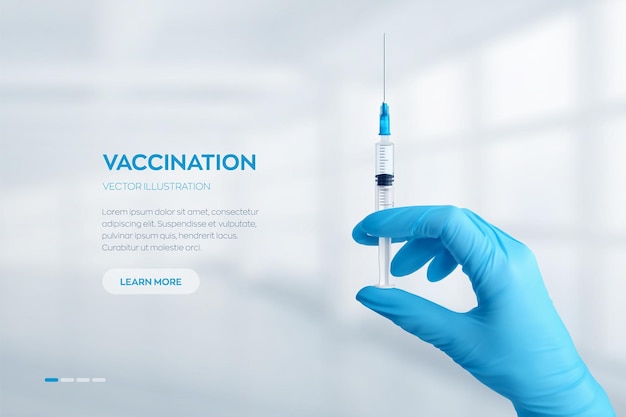 Bannière de vaccin contre le coronavirus Covid19 avec flacon en verre médical avec capuchon en métal et seringue