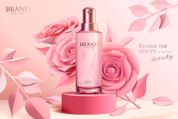 Bannière de vaporisateur de soins de la peau avec des fleurs en papier rose sur la colonne dans un style 3d