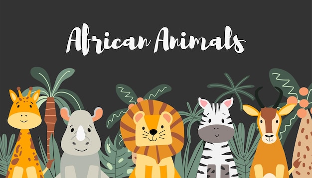 Bannière de vecteur avec des animaux africains mignons Animaux sauvages dans les plantes tropicales Girafe de lion de zèbre