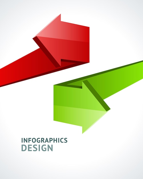 Bannière de vecteur de flèches 3d infographiques incurvées sur le côté Panneau d'information volumétrique rouge pour la navigation du processus de marketing Présentation verte avec tour publicitaire créatif des ressources de gestion