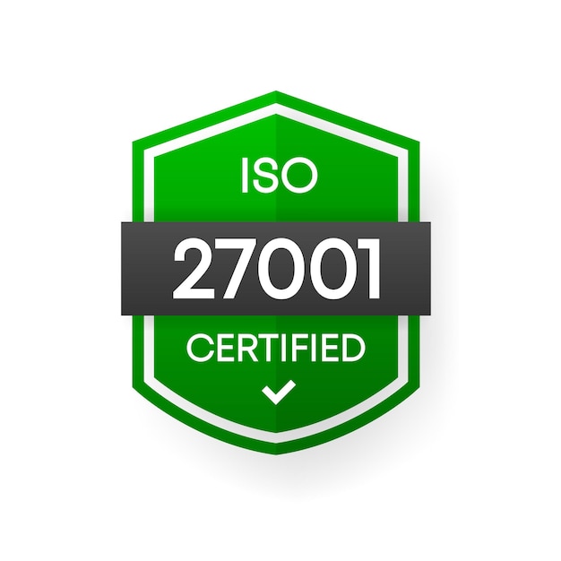 Vecteur bannière de vecteur vert certifié iso 27001. étiquette de certification plate isolée sur fond blanc. concept de sécurité alimentaire. illustration vectorielle.