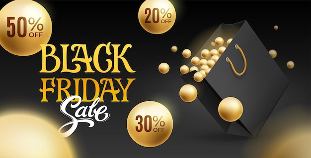 Bannière Vectorielle Avec Lettrage, Sac à Provisions, Boule D'or Pour La Vente Du Black Friday. Remises Vingt, Trente, Cinquante, Pour Cent. Illustration Pour Boutique, Magasin, Flyer Discount, Affiche, Annonce.