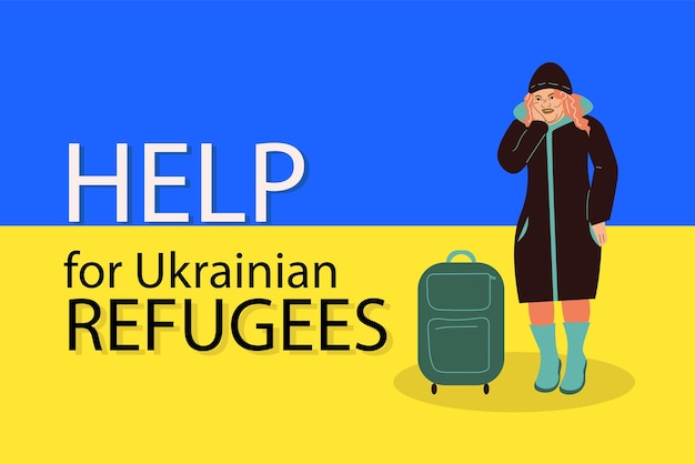 Bannière vectorielle avec le personnage d'une femme réfugiée avec une valise Aidez les réfugiés ukrainiens