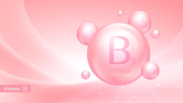 Vecteur bannière vectorielle de vitamine b9 avec des bulles de gouttes affiche du complexe de vitamine b suppléments nutritionnels