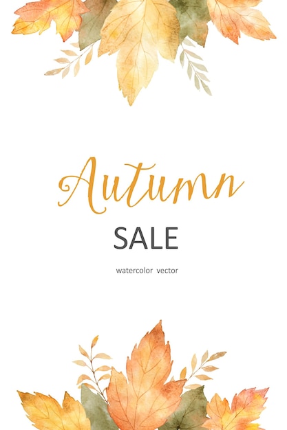 Bannière de vente automne aquarelle de feuilles et de branches isolés sur fond blanc