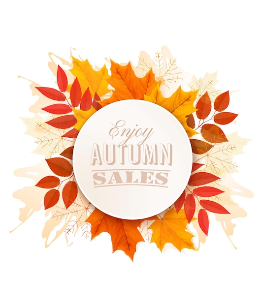 Bannière de vente d'automne avec des feuilles colorées. Vecteur.