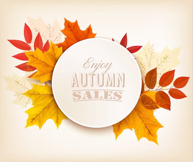 Bannière de vente d'automne avec des feuilles colorées.