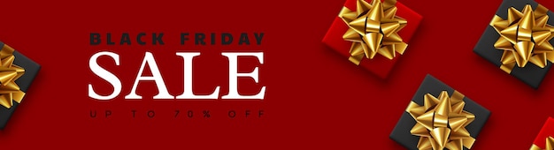 Bannière De Vente Black Friday. Coffret Réaliste Avec Noeud En Or. Fond Rouge. Illustration Vectorielle.