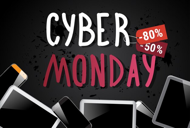 Vecteur bannière de vente cyber monday avec tablettes numériques sur fond