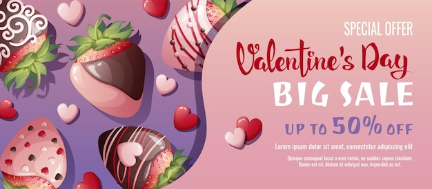 Vecteur bannière de vente du jour de la saint-valentin affiche d'arrière-plan avec des fraises mûres en chocolat modèle de bon de réduction pour le jour de l'amour