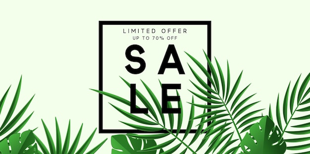 Bannière de vente d'été. Affiche de feuilles tropicales. Illustration vectorielle