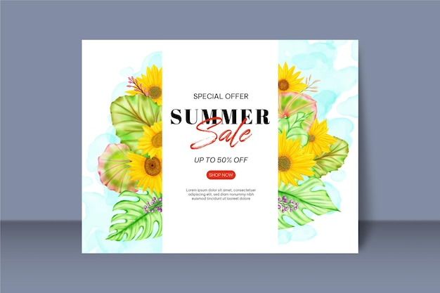 Bannière de vente d'été avec des feuilles tropicales de tournesol aquarelle